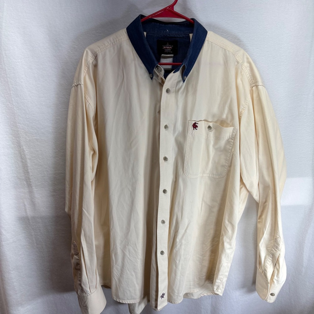PBR Rodeo Bull Riding Graphic Long Sleeve Button Up Shirt‎ Men Cream Blue Collar